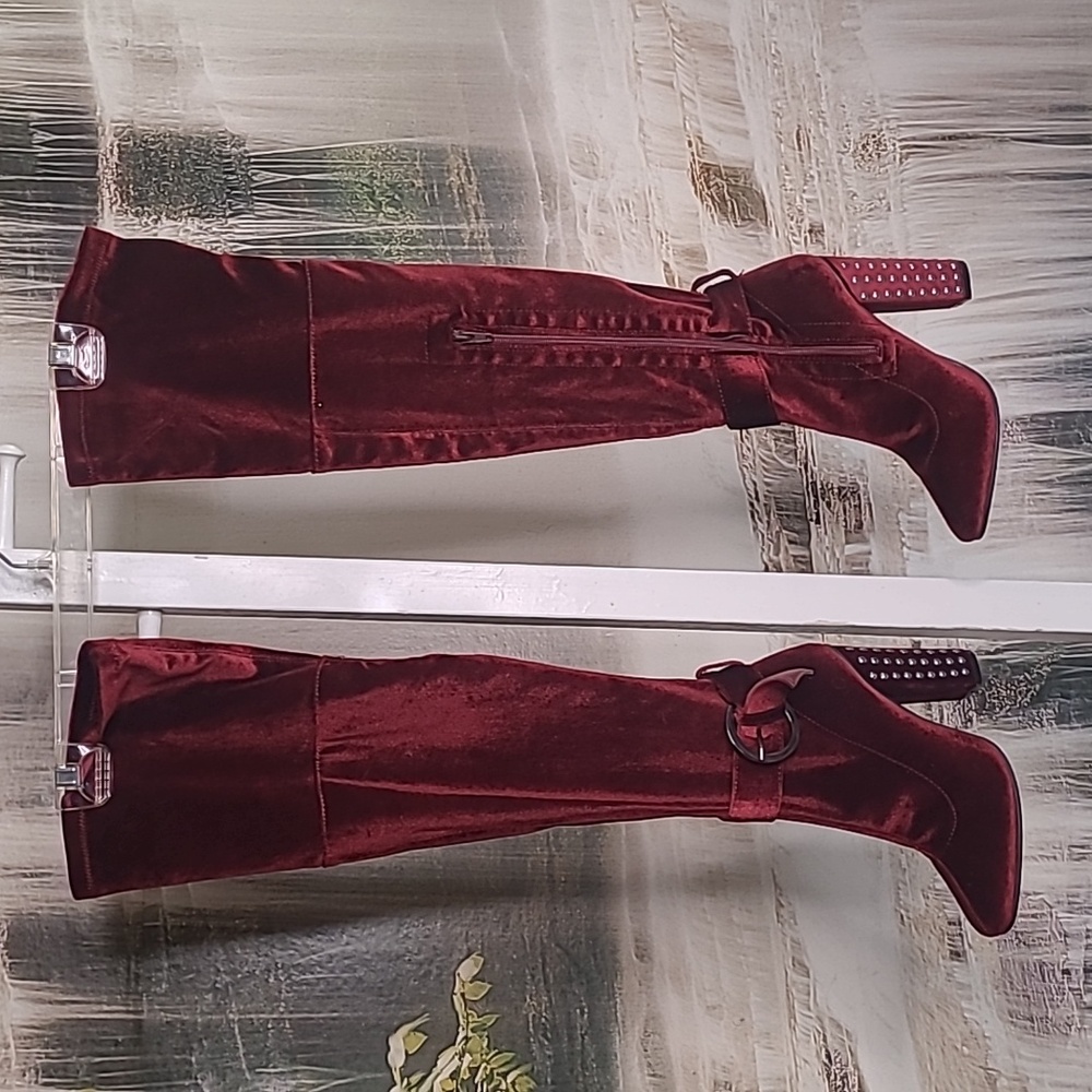 Yoki Womens 8.5 burgundy velvet stud knee high heel luxurious boots